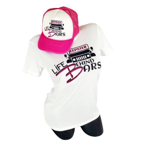 Jeepster Life Behind Bars White & Pink Cap Shiny Glit Ltrg and Swrk. Crystals. - Picture 5 of 6